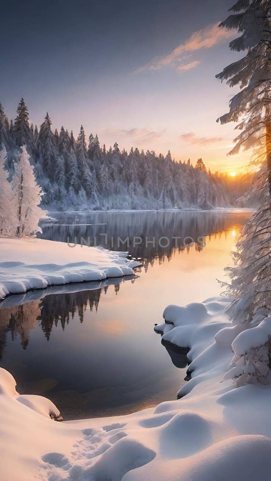 Winter landscape with snow covered trees and river at sunset. Beautiful winter landscape with frozen river and snow covered trees at sunset.Sunset on the river in winter forest. Beautiful winter landscape.Fantastic winter landscape with snow covered trees and river at sunset.