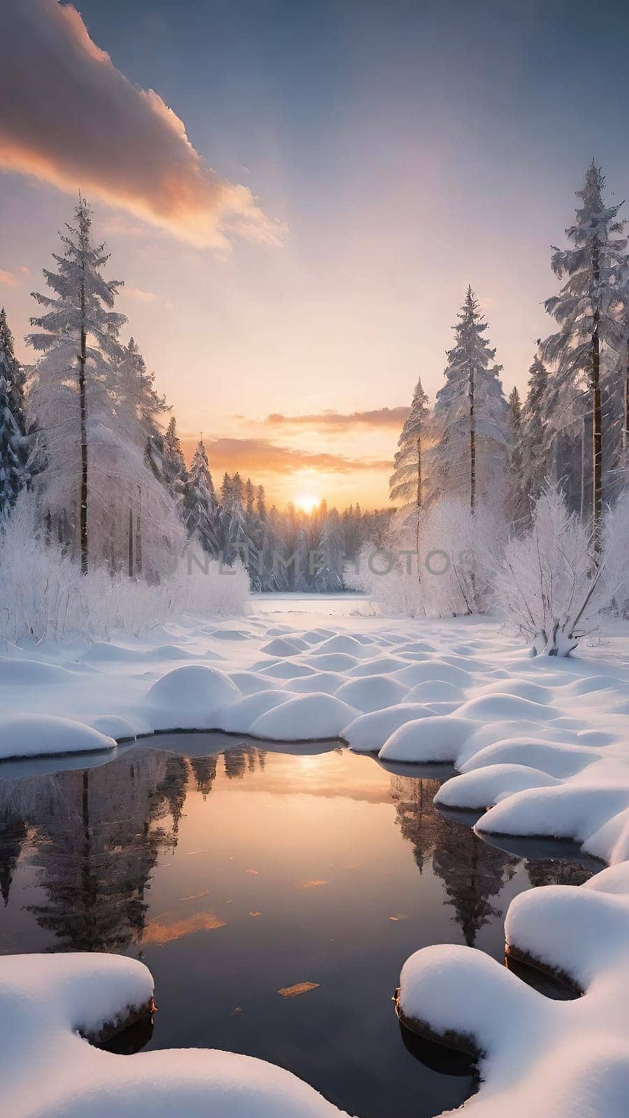 Winter landscape with snow covered trees and river at sunset. Beautiful winter landscape with frozen river and snow covered trees at sunset.Sunset on the river in winter forest. Beautiful winter landscape.Fantastic winter landscape with snow covered trees and river at sunset.