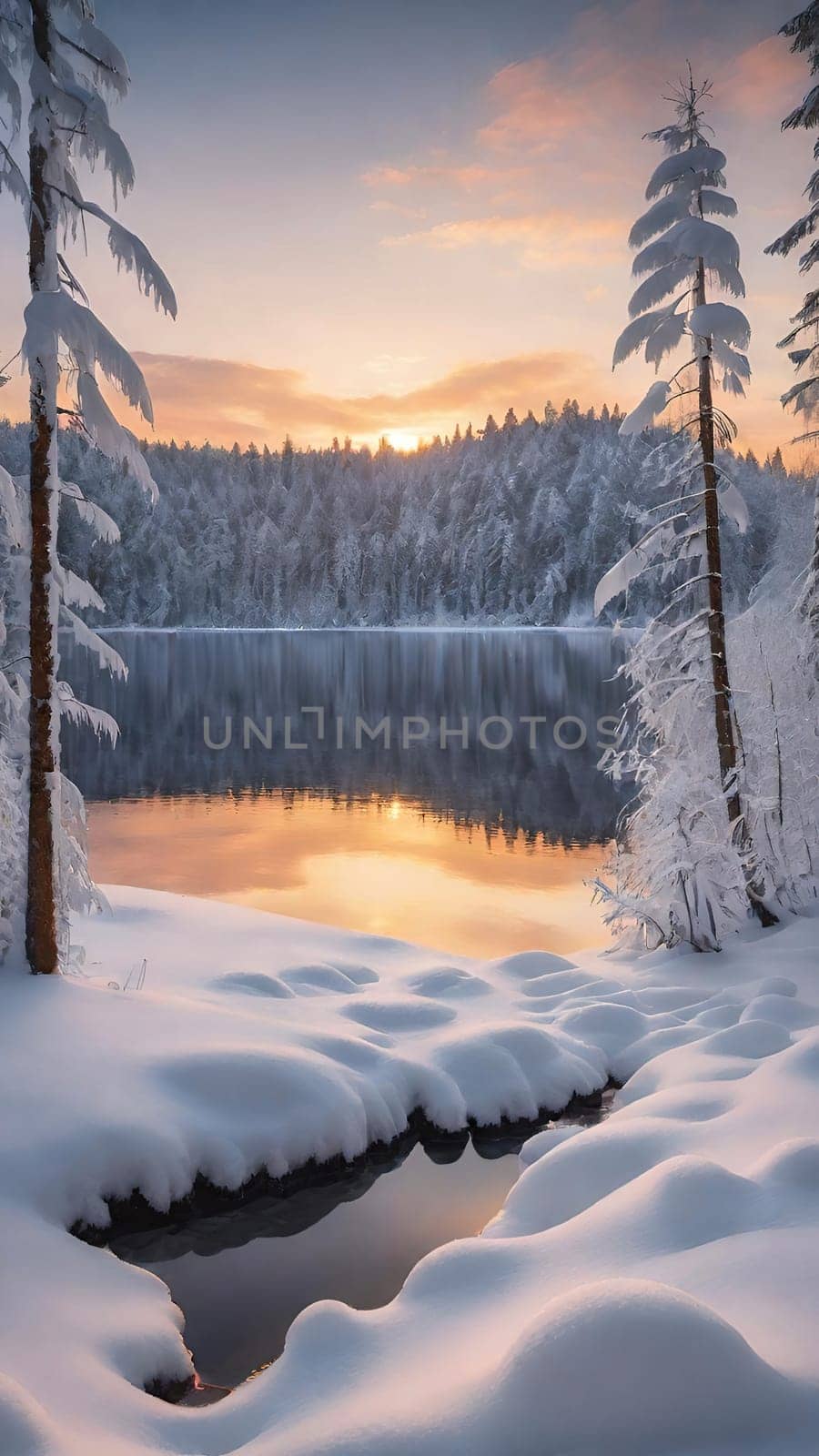 Winter landscape with snow covered trees and river at sunset. Beautiful winter landscape with frozen river and snow covered trees at sunset.Sunset on the river in winter forest. Beautiful winter landscape.Fantastic winter landscape with snow covered trees and river at sunset.