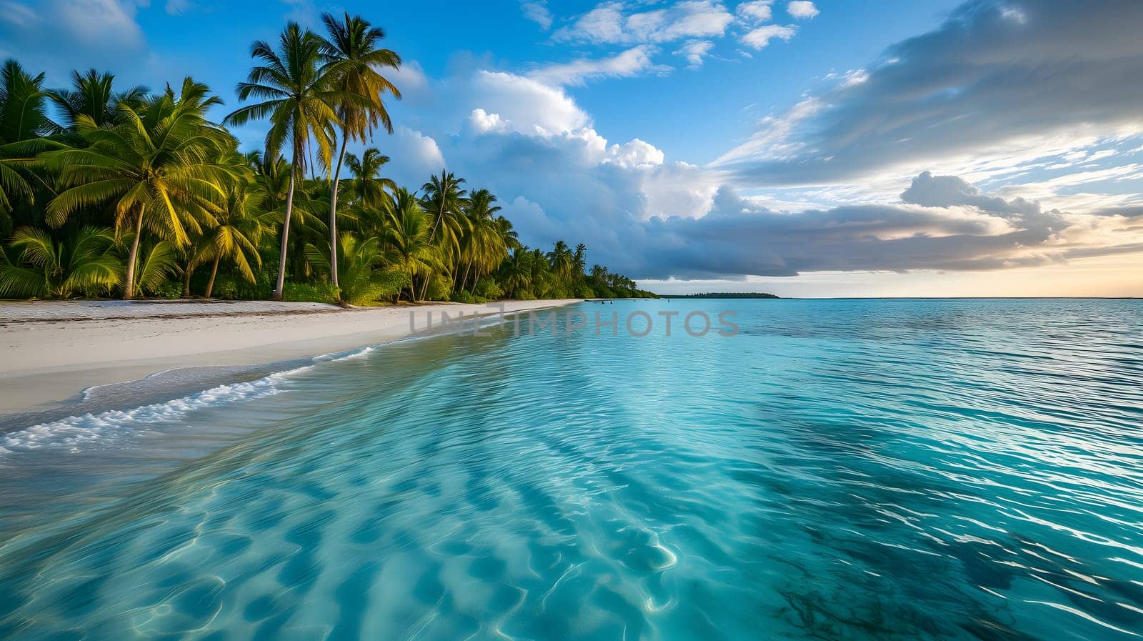 tropical beach view at sunny day with white sand, turquoise water and palm tree. Neural network generated image. Not based on any actual scene or pattern.