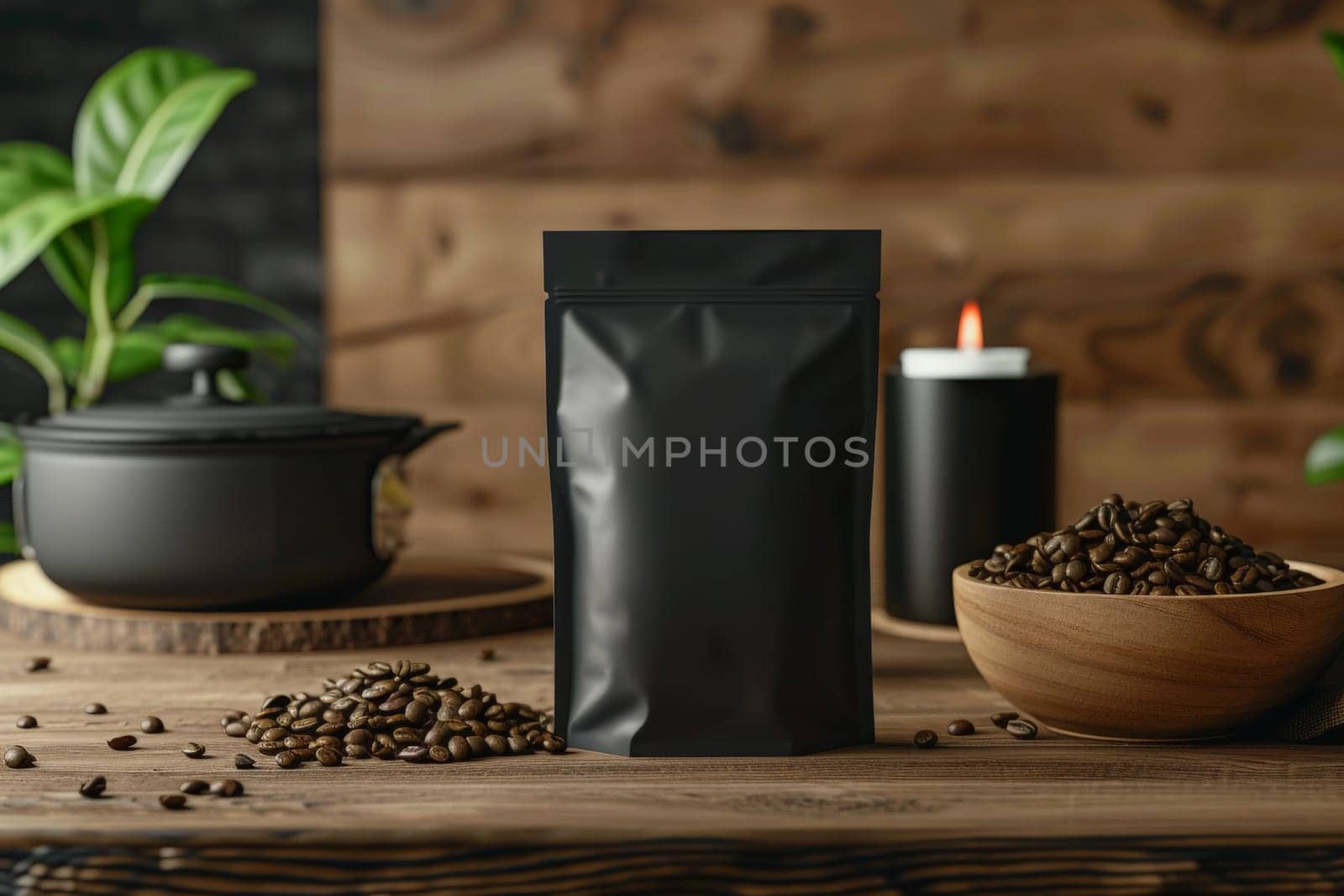 Blank coffee packaging on a wooden table, packaging mockup with empty space for branding design.