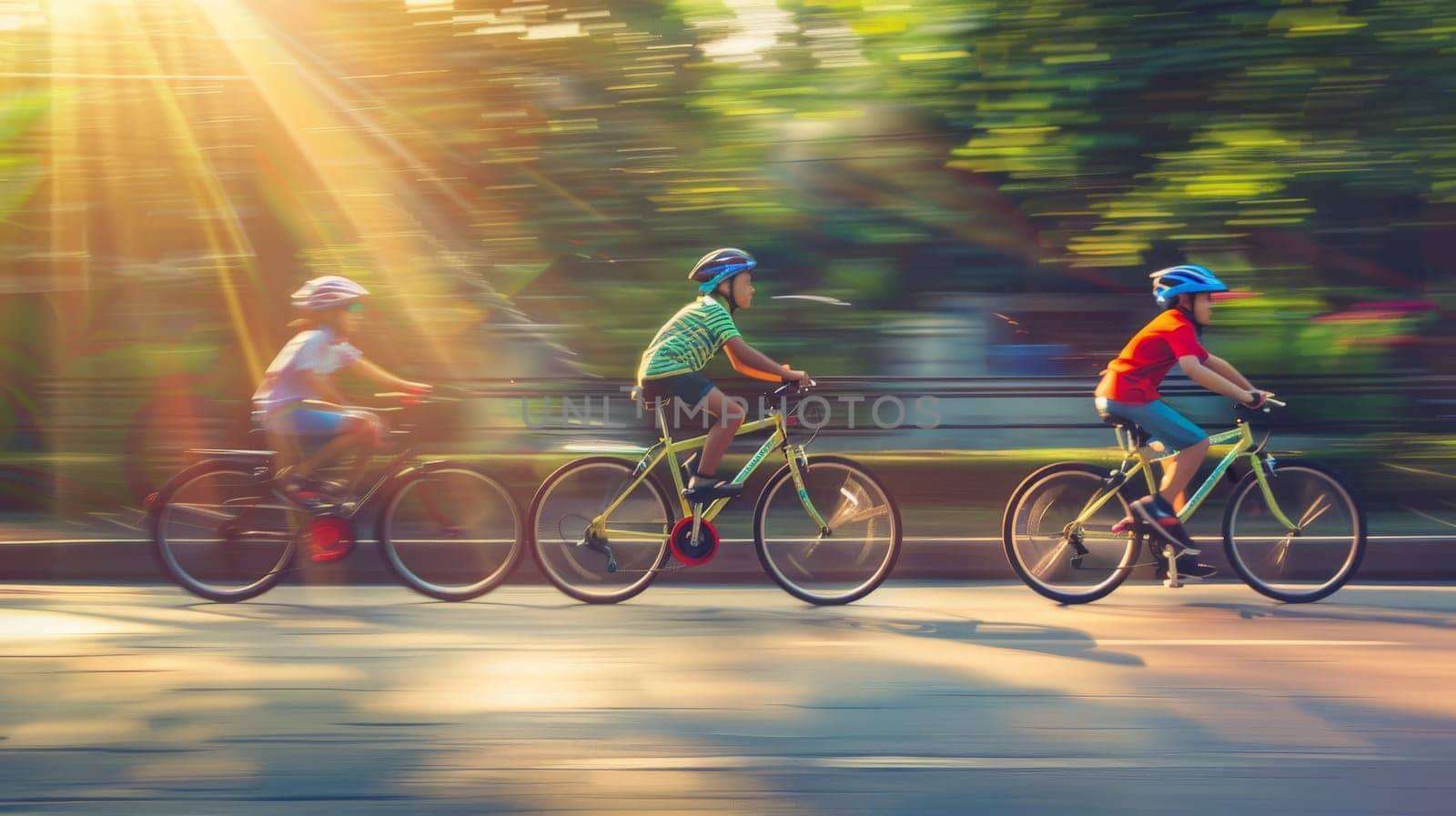 a group of kids riding bicycle on urban street, speeding and overtaking, summer activity.