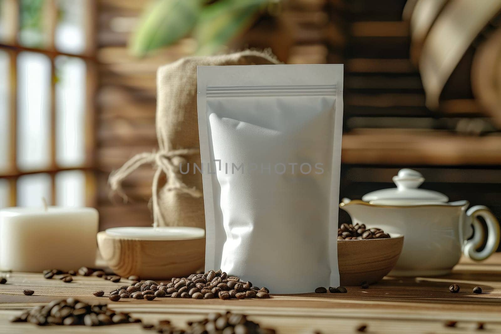 Blank coffee packaging on a wooden table, packaging mockup with empty space for branding design.