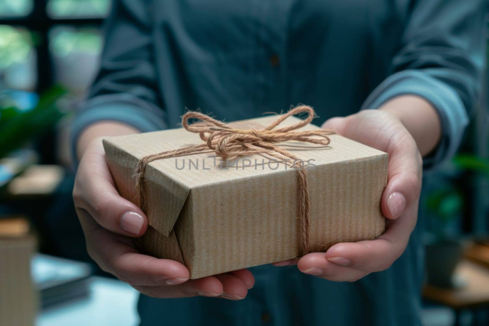 Close-up view of hands Giving a gift box, Person hand giving the gift with blur background.