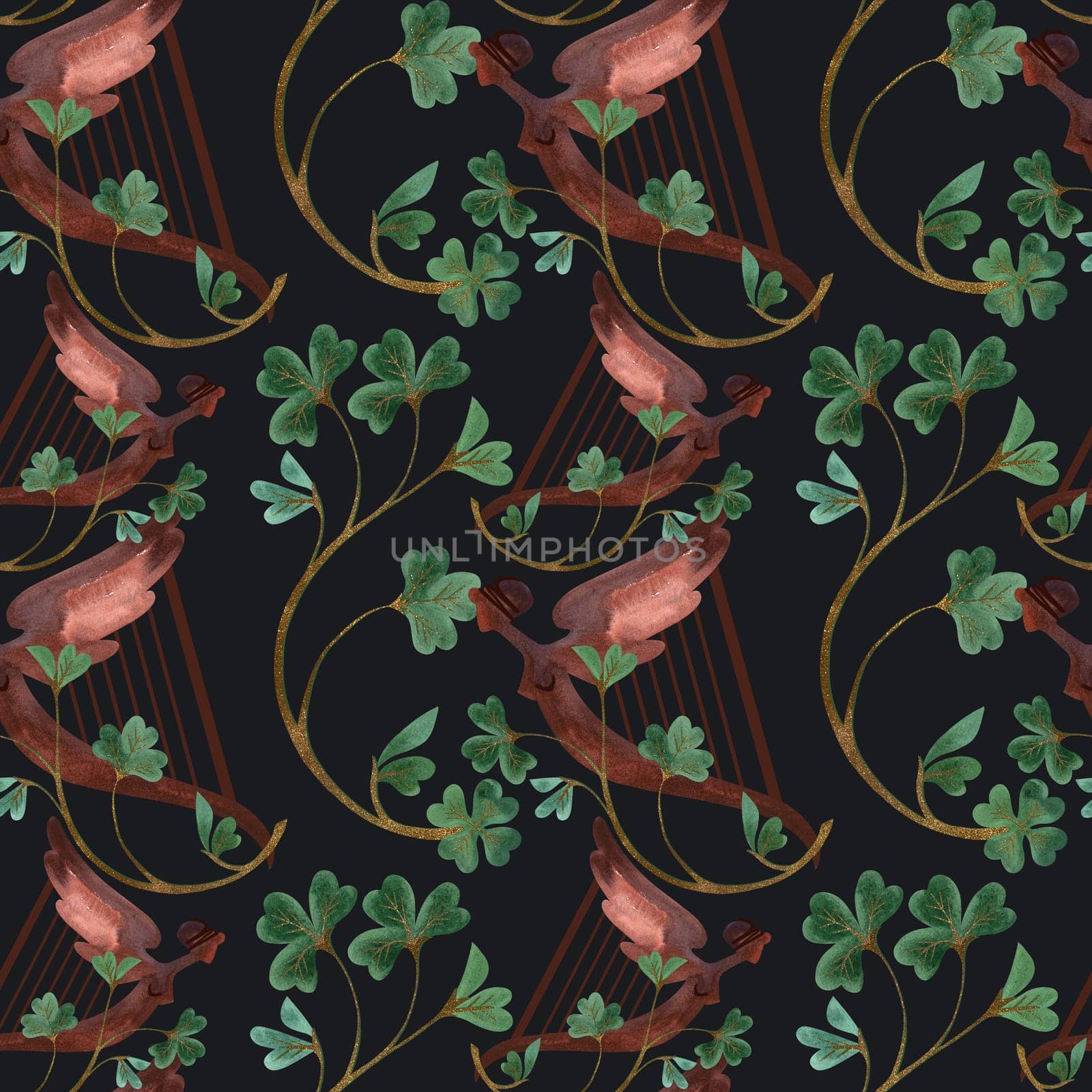 Seamless pattern with symbols of Ireland. Wrapping paper for St. Patrick's Day. Watercolor in vintage style on a black background