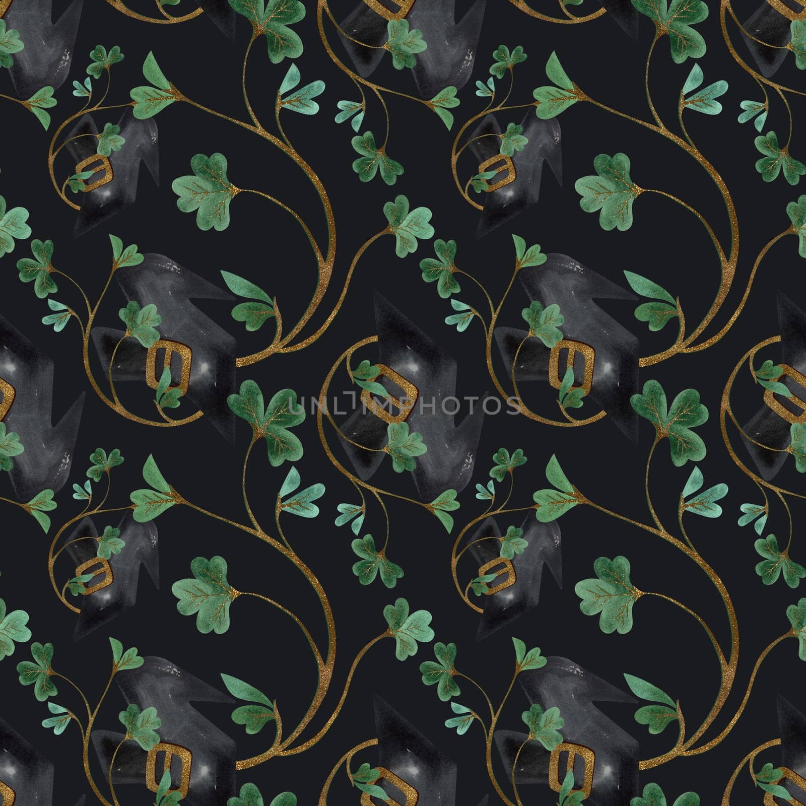 Seamless pattern with symbols of Ireland. Wrapping paper for St. Patrick's Day. Watercolor in vintage style on a black background