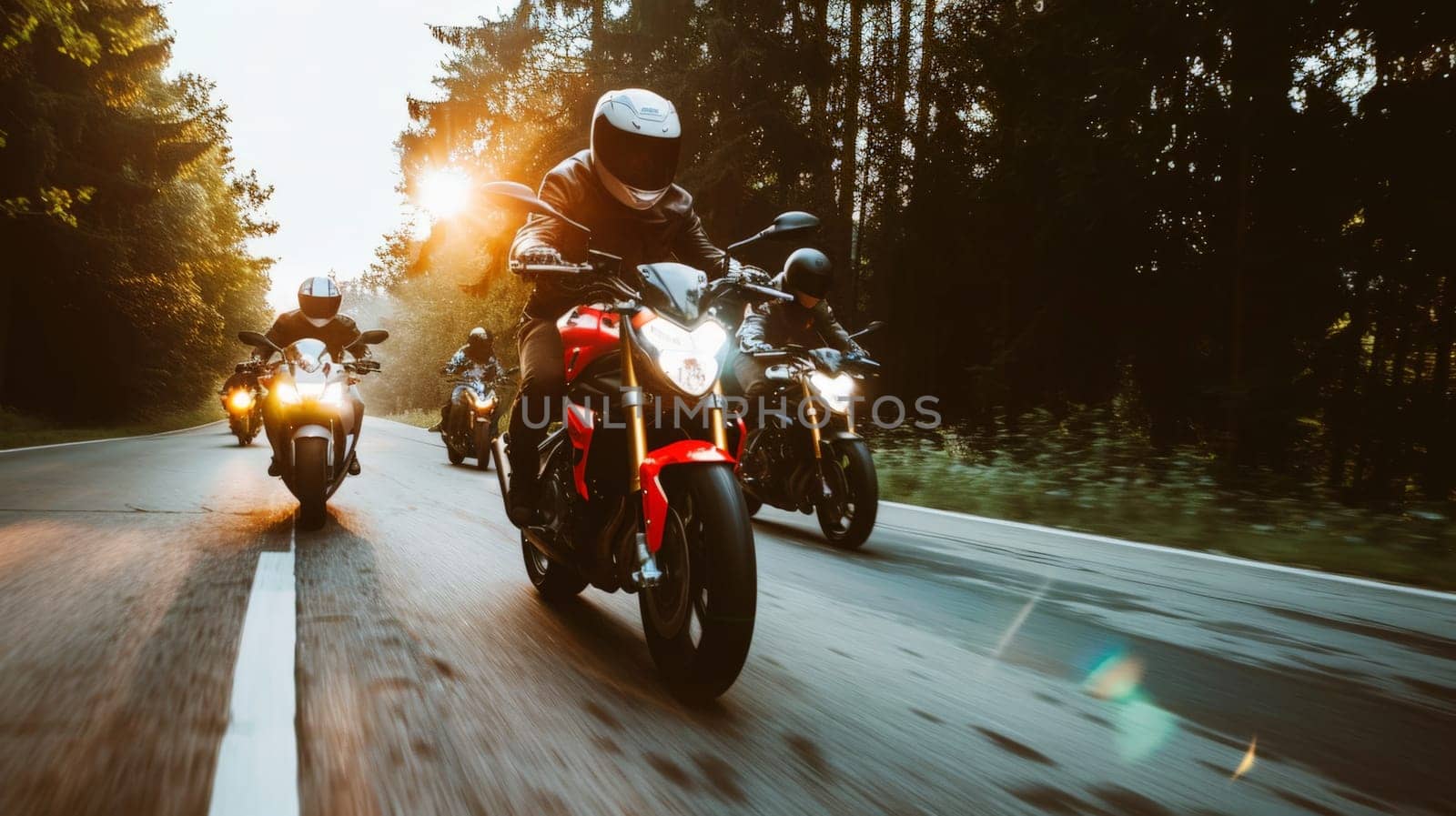 a group of motorcycle riding on the road together, speeding and overtaking, summer activity.