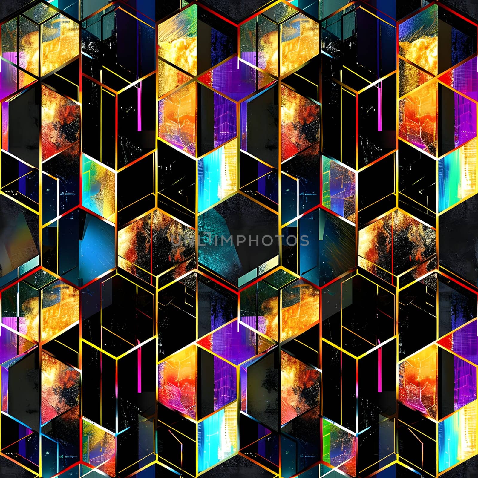 Seamless texture and full-frame background of colorful glass mosaic triangular tiles. Neural network generated image. Not based on any actual scene or pattern.