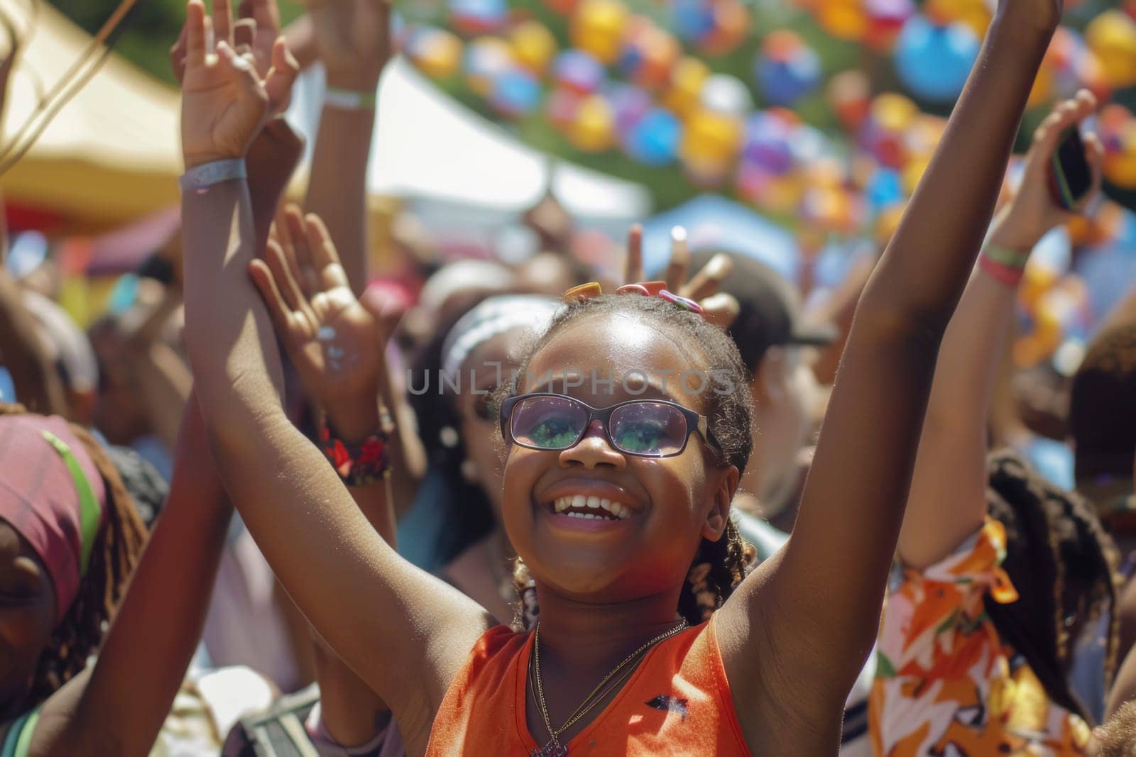 A young girl radiates joy at a community festival, her arms raised in delight. The colorful backdrop hints at a vibrant celebration of diversity and culture