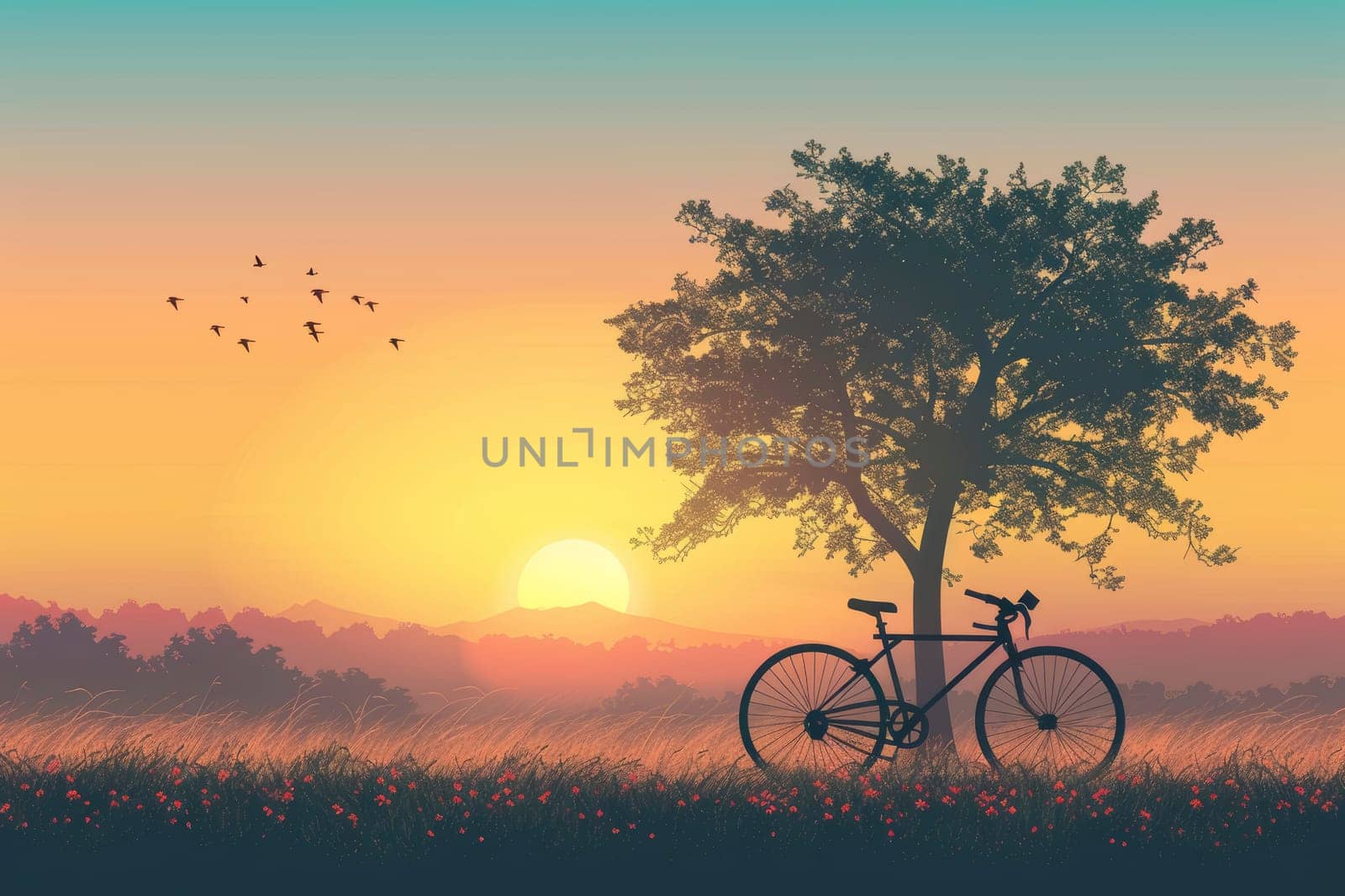 A tranquil scene unfolds with a bicycle resting against a silhouetted tree at sunset. The sky is a vibrant tapestry of warm colors as dusk approaches.
