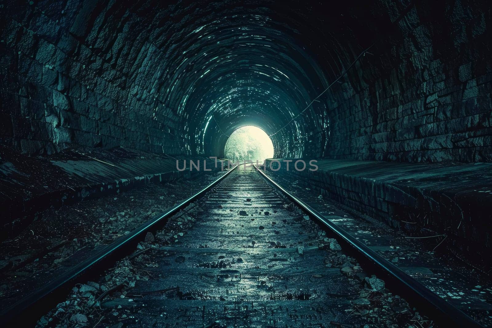 A metaphorical representation of hope, with sunlight streaming through the end of a rugged tunnel. The journey through darkness leading to a bright exit symbolizes optimism