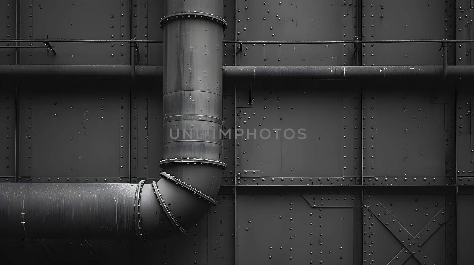 A monochrome photograph capturing a grey metal pipe fixture on a wall, showcasing beautiful tints and shades in a symmetrical composition. The pipe is parallel to the building material