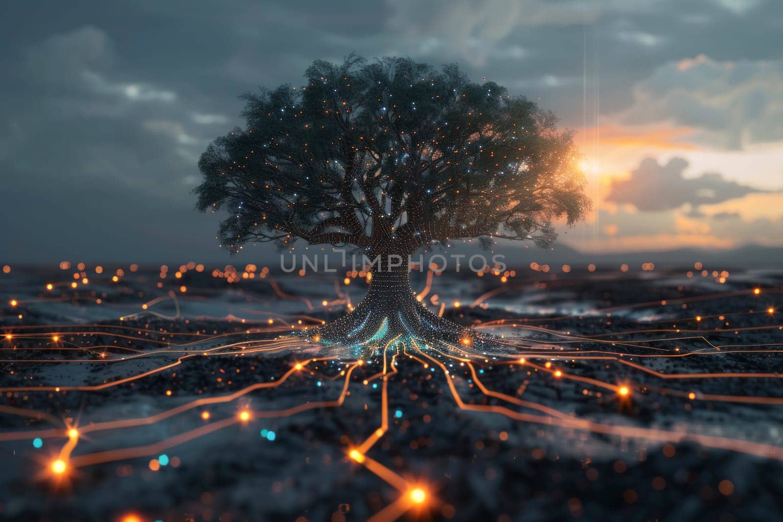 A luminous digital tree with roots and branches represents the intricate connections of a networked society. It is a metaphor for the growth and reach of digital information systems