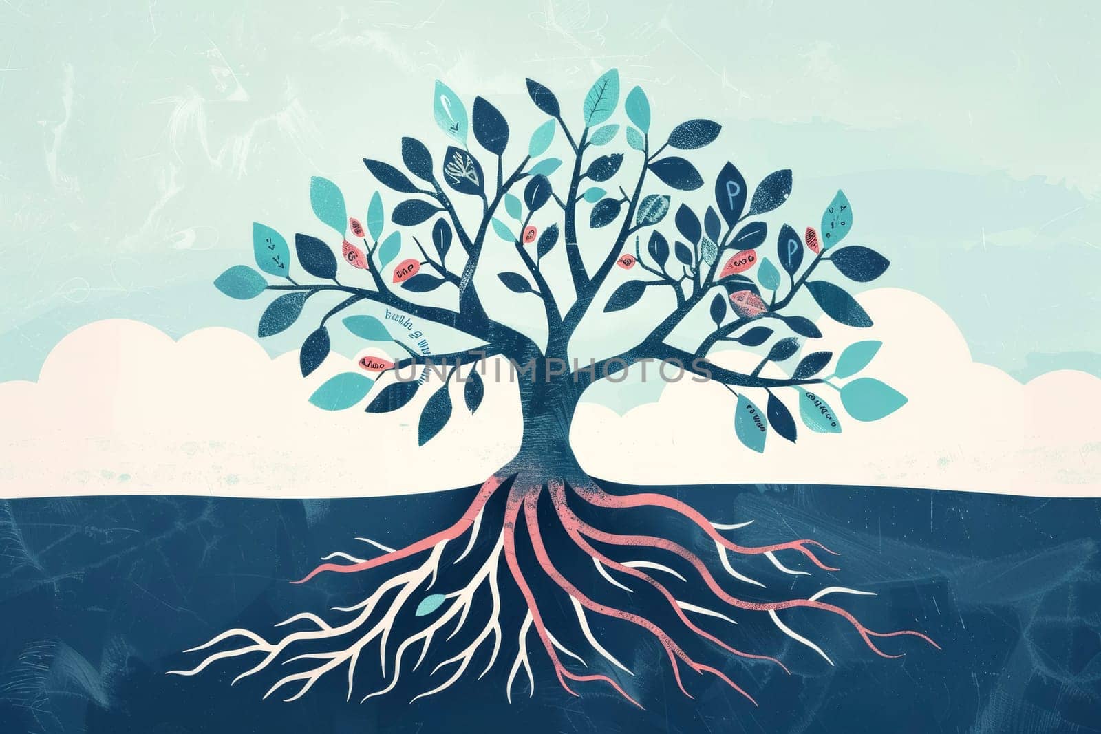 An artistic illustration of a tree, displaying a network of roots and golden leaves. This image symbolizes growth and connectedness with nature