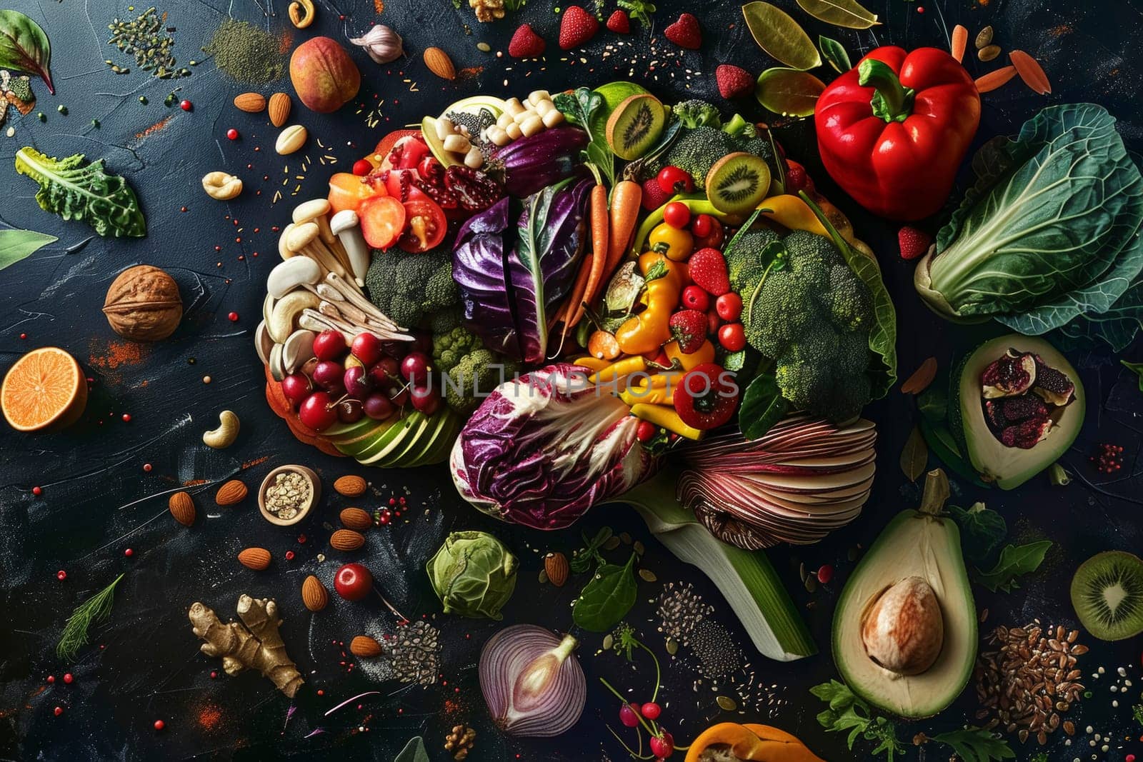 Assortment of fruits and vegetables in space background. Healthy food concept. Creative flat lay for design and print. High-resolution image with place for text