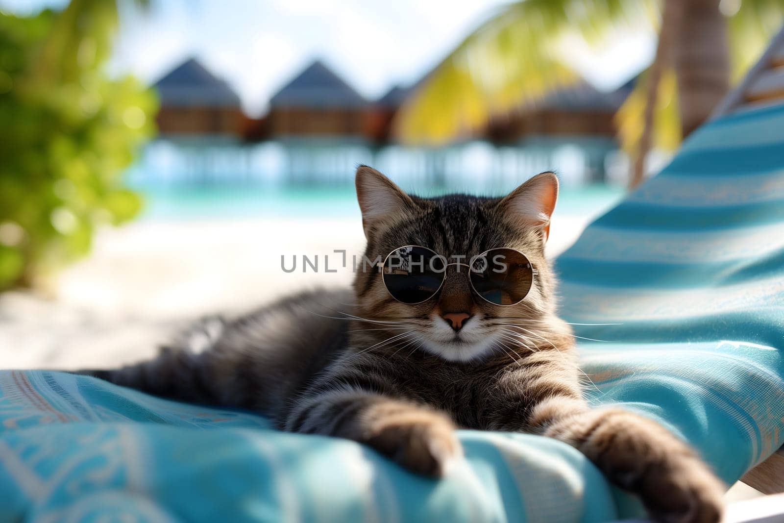 tabby cat with sunglasses laid on tropical beach, vacation theme. Neural network generated image. Not based on any actual person or scene.