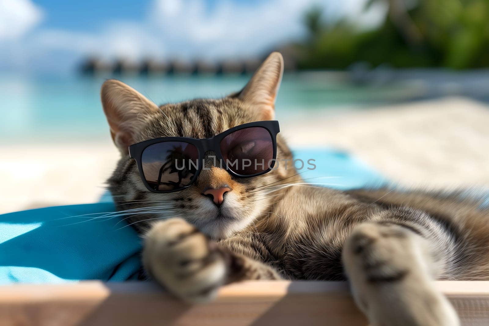 tabby cat with sunglasses laid on tropical beach, vacation theme. Neural network generated image. Not based on any actual person or scene.