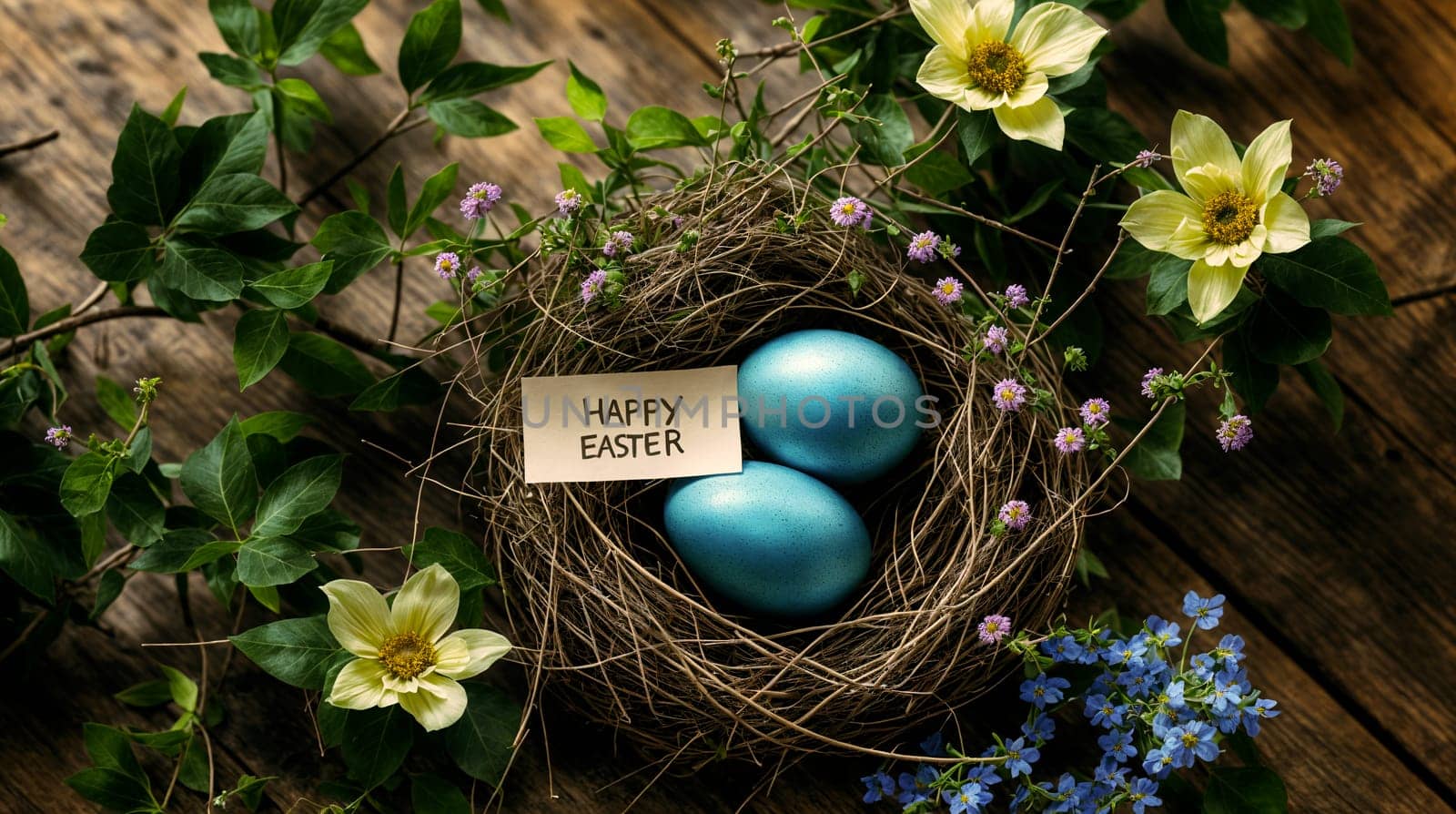 A festive Easter arrangement featuring a birds nest with two blue eggs and a Happy Easter note, surrounded by delicate spring flowers on a wooden surface - Generative AI