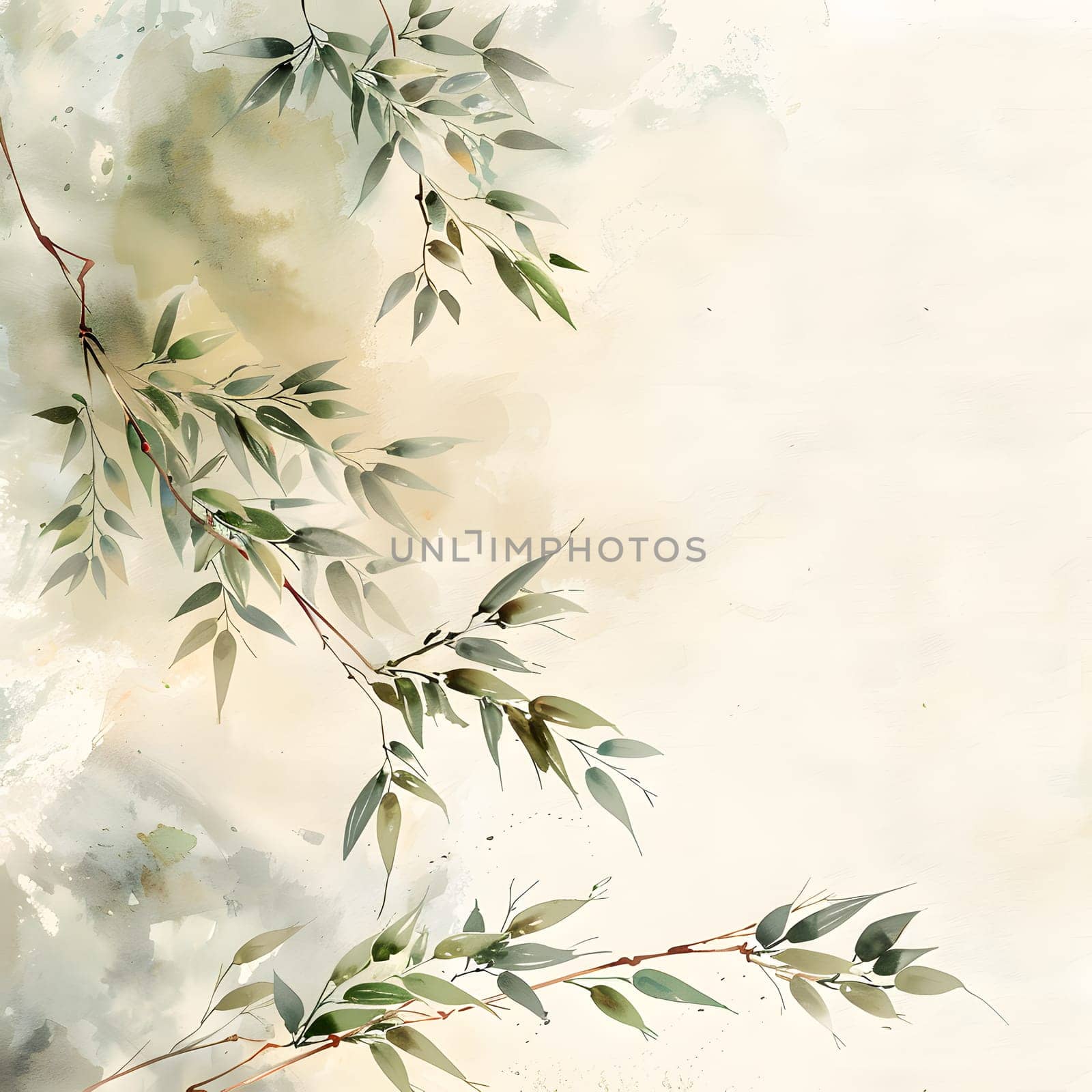 A painting of a tree branch with leaves on a white background by Nadtochiy