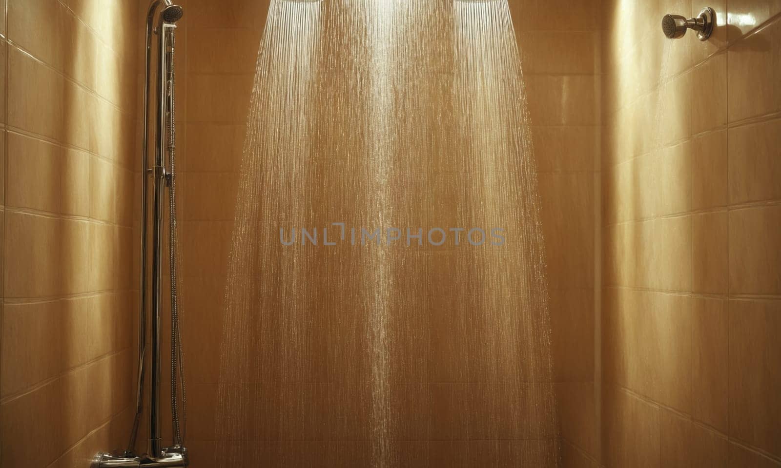 Shower in the bathroom with sunlight and shadow on the wall