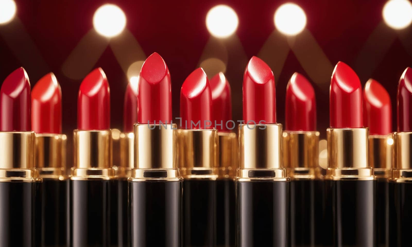 Lipsticks on black background, closeup view. Cosmetic products.