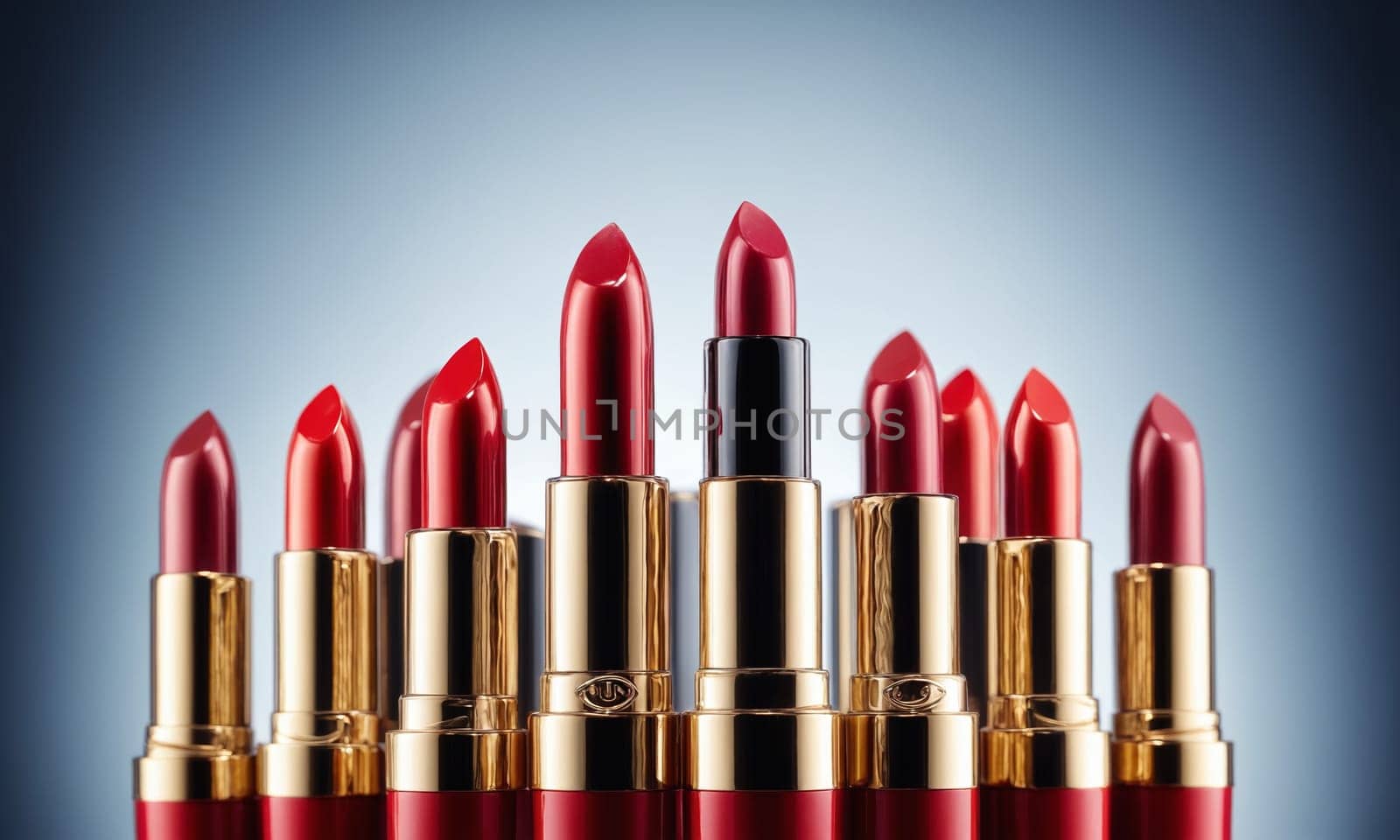 Close-up of red lipsticks displayed on a round podium with blurred background.