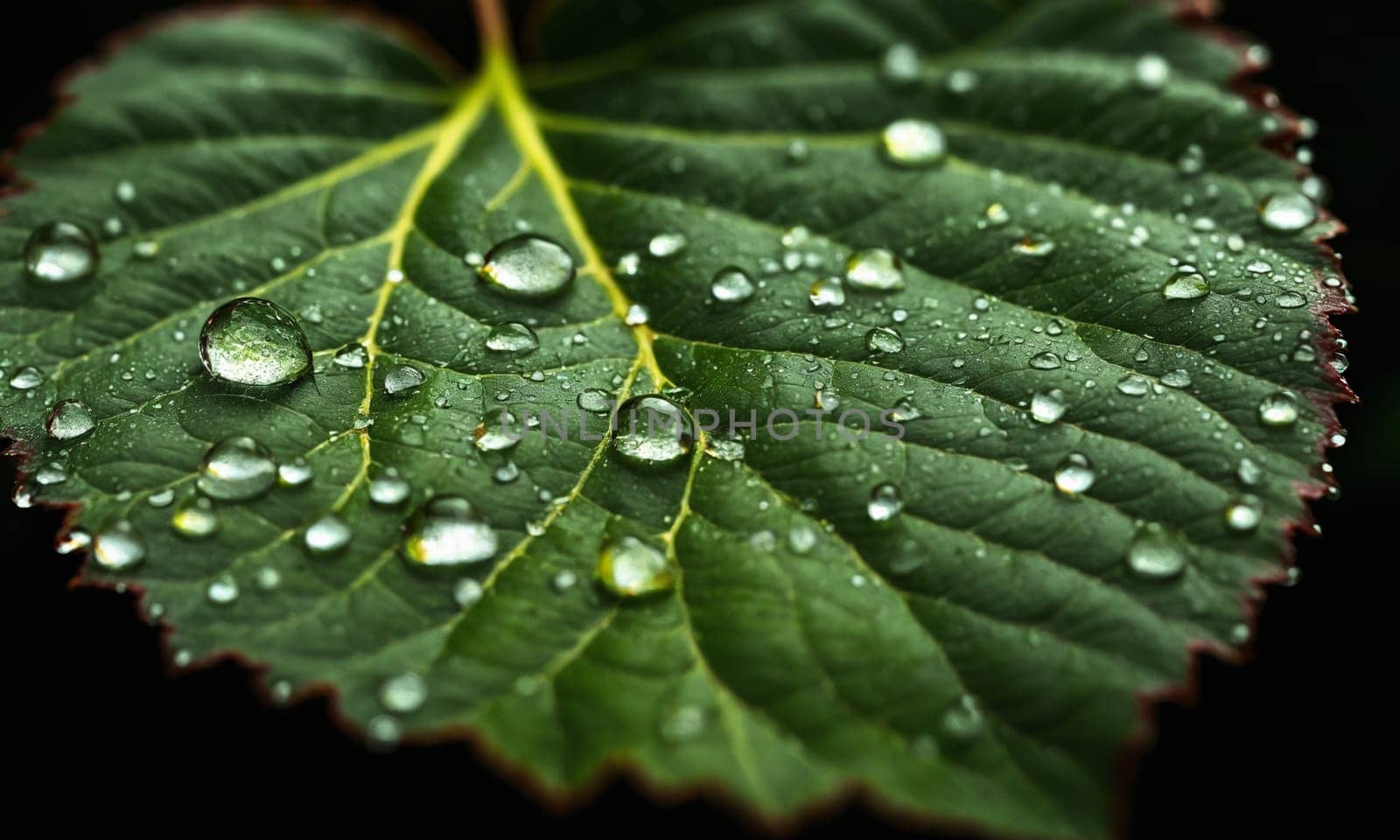 Green leaf with water drops close up. Nature background with copy space