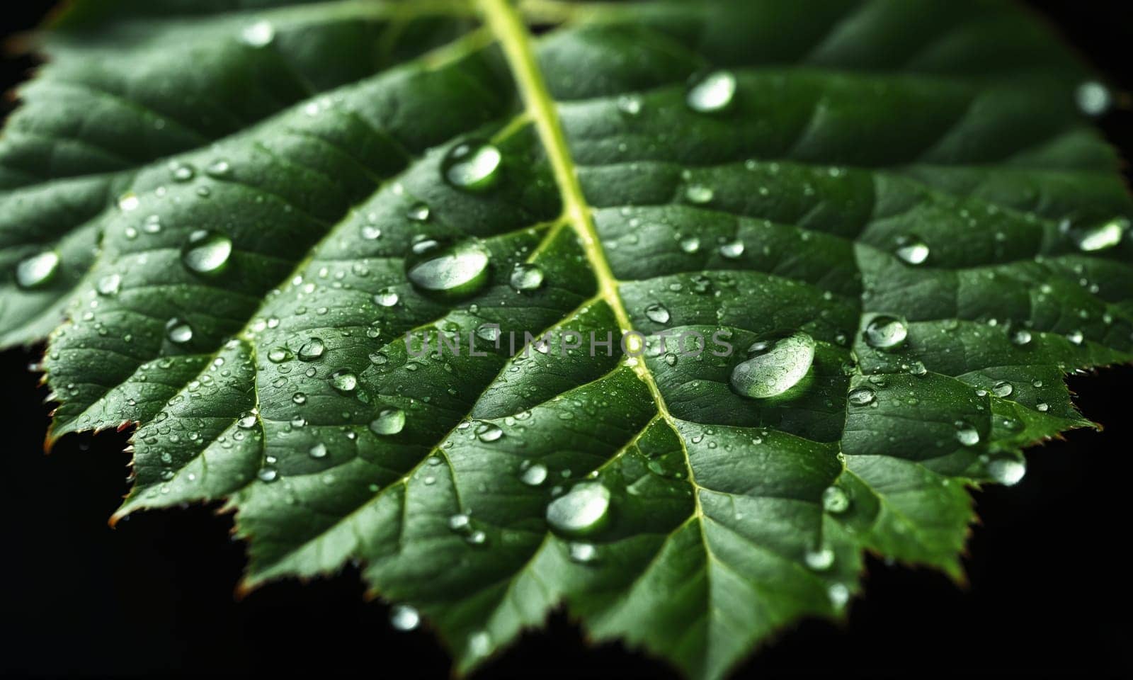 Water drops on the dark surface of a green leaf.