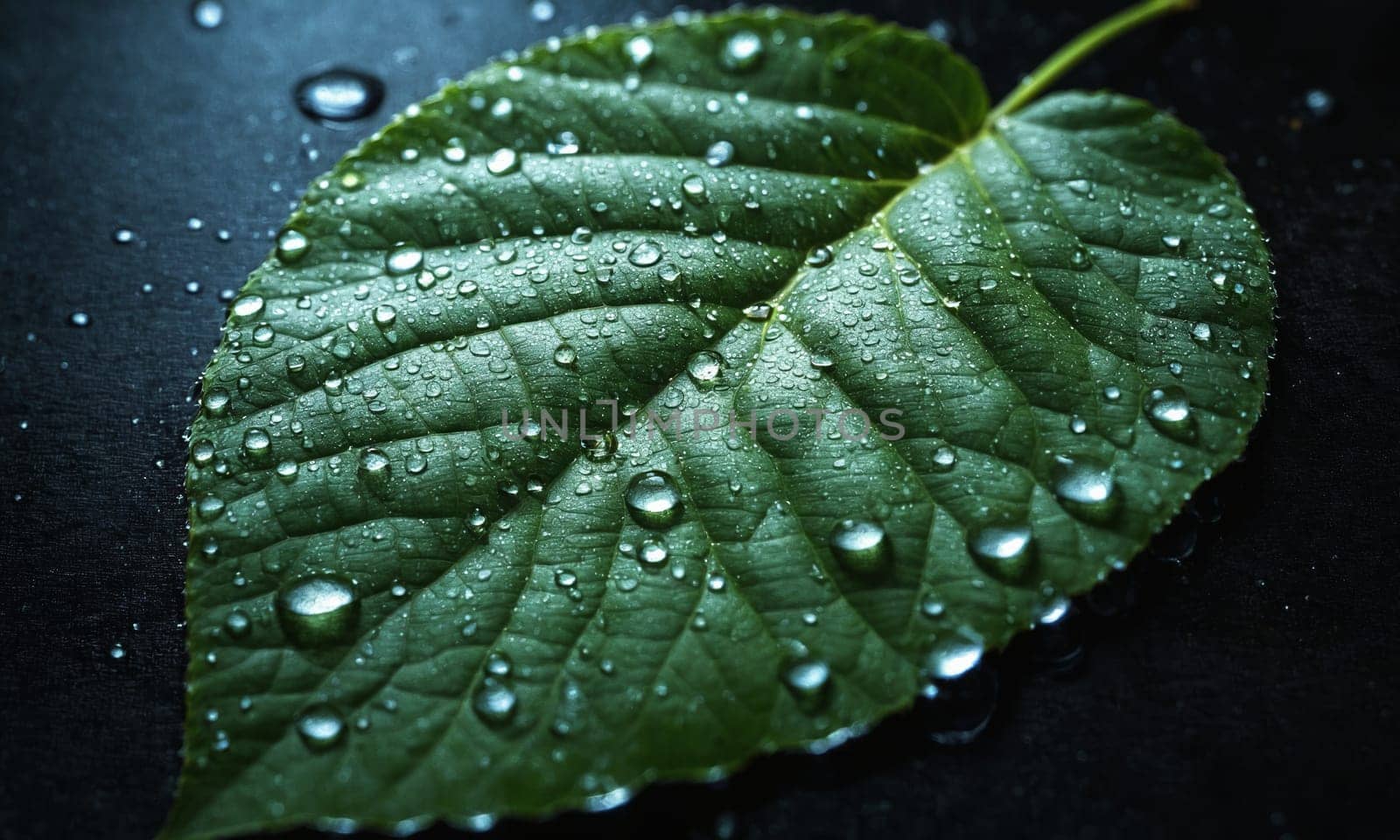 Green leaf with water drops close up. Nature background with copy space