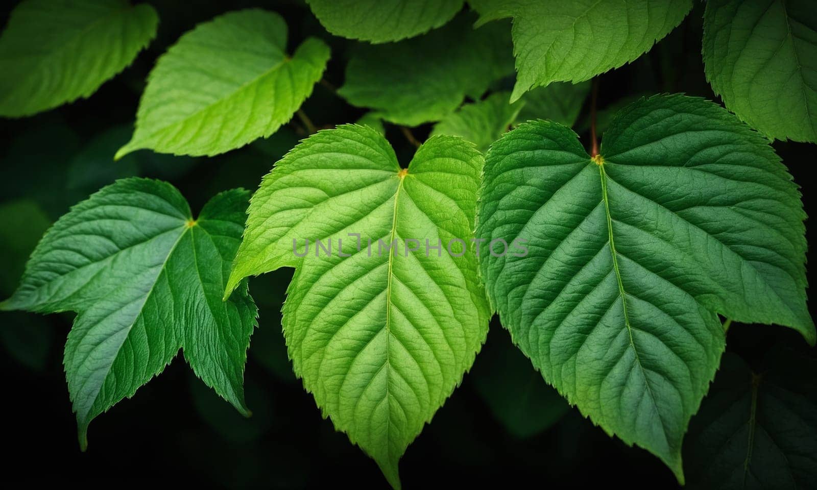 green leaves on a dark background.