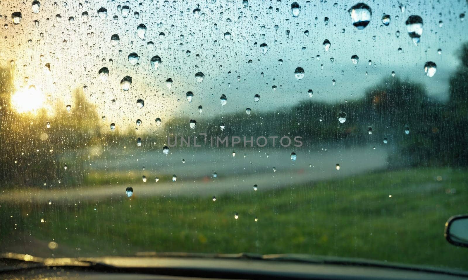 Driving on a rainy day through the windshield of a car
