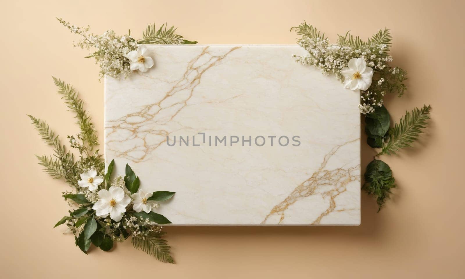 White marble with flowers and leaves on beige background, top view.