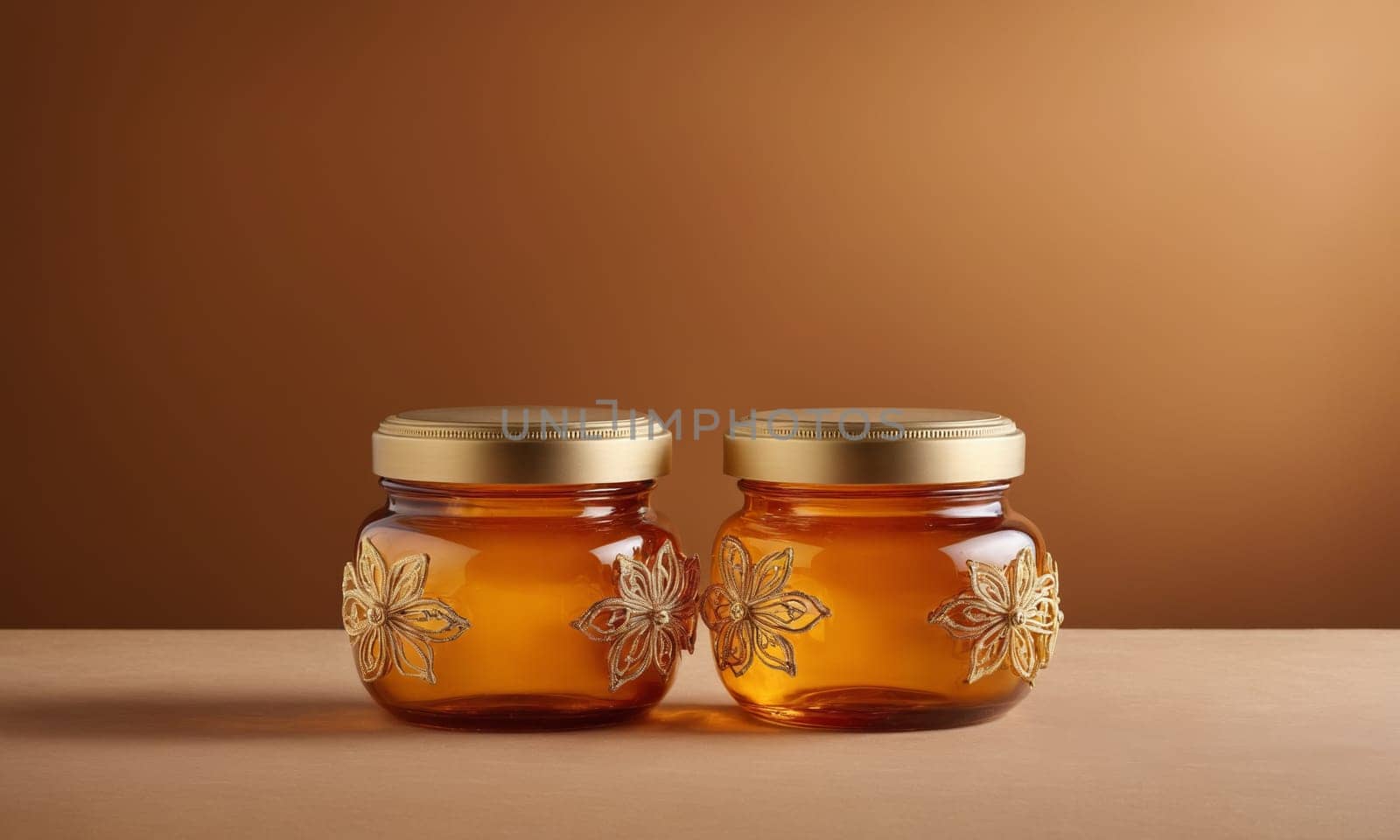 Two glass jars of honey with a blank label on a brown background.