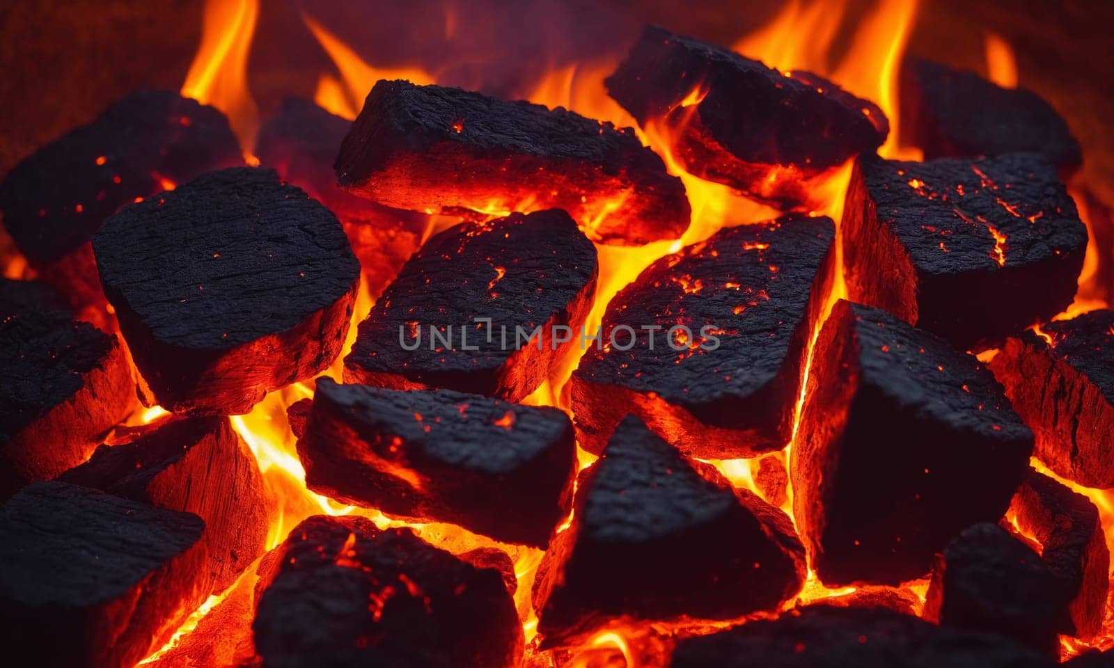 High view of burning coals in the background.