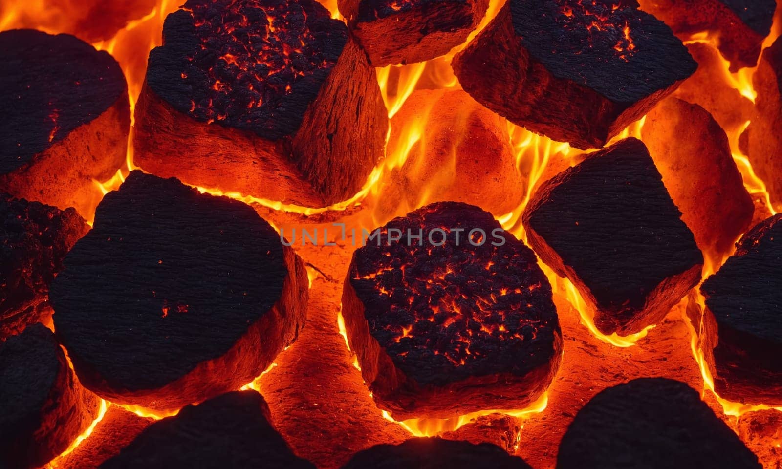 Burning coals in a fireplace, close-up. Background.