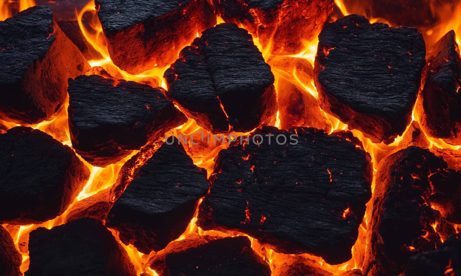 High view of burning coals in the background.