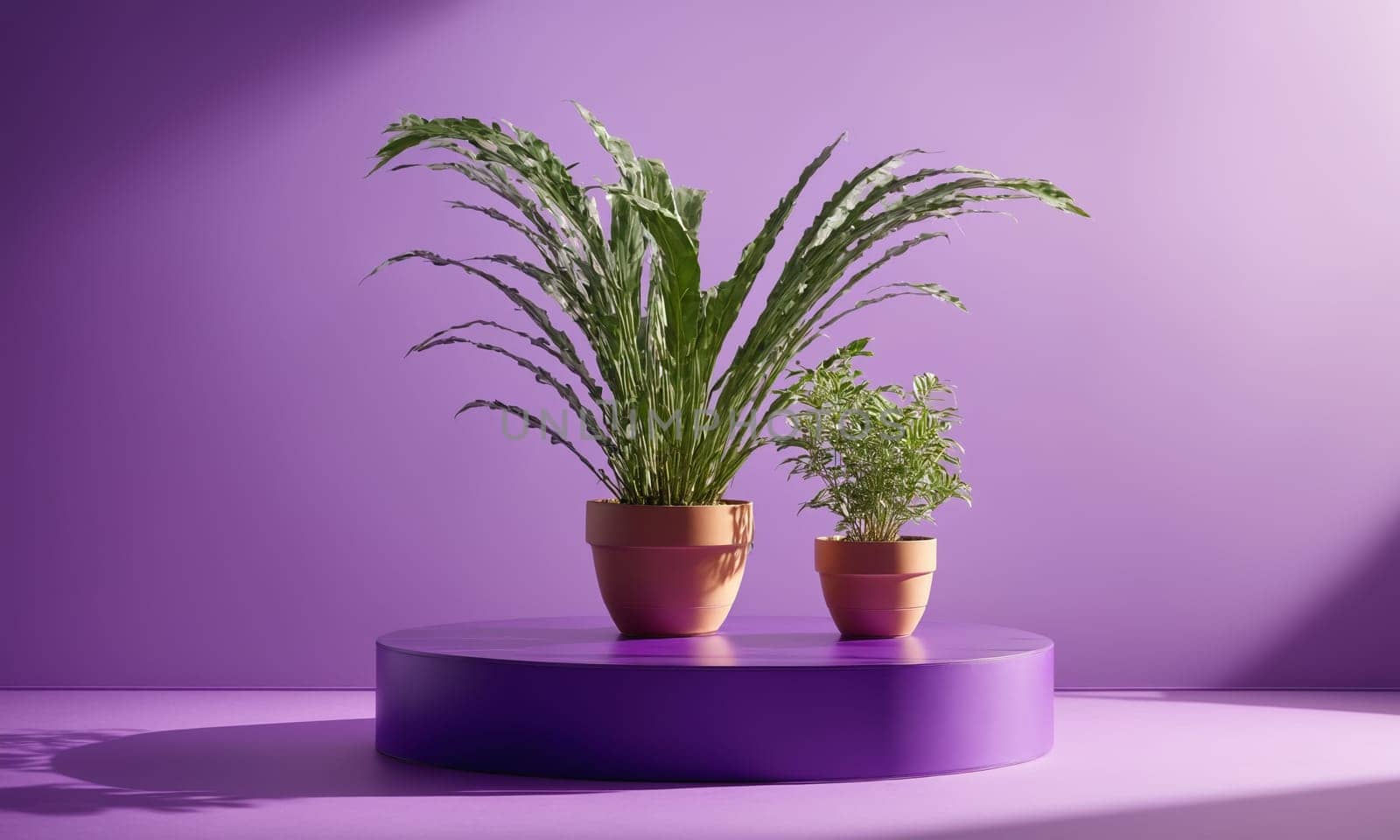 3D rendering of a podium with potted plants on a purple background.