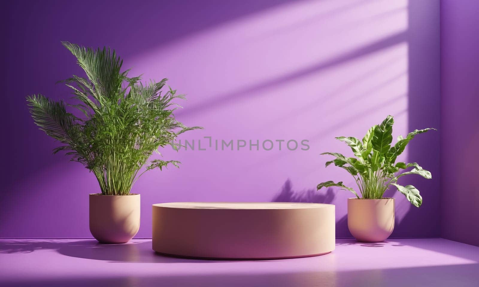 3D rendering of a podium with potted plants on a purple background.