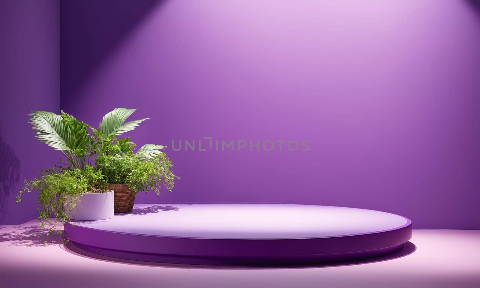 3d render of minimal product display podium with plant in pot