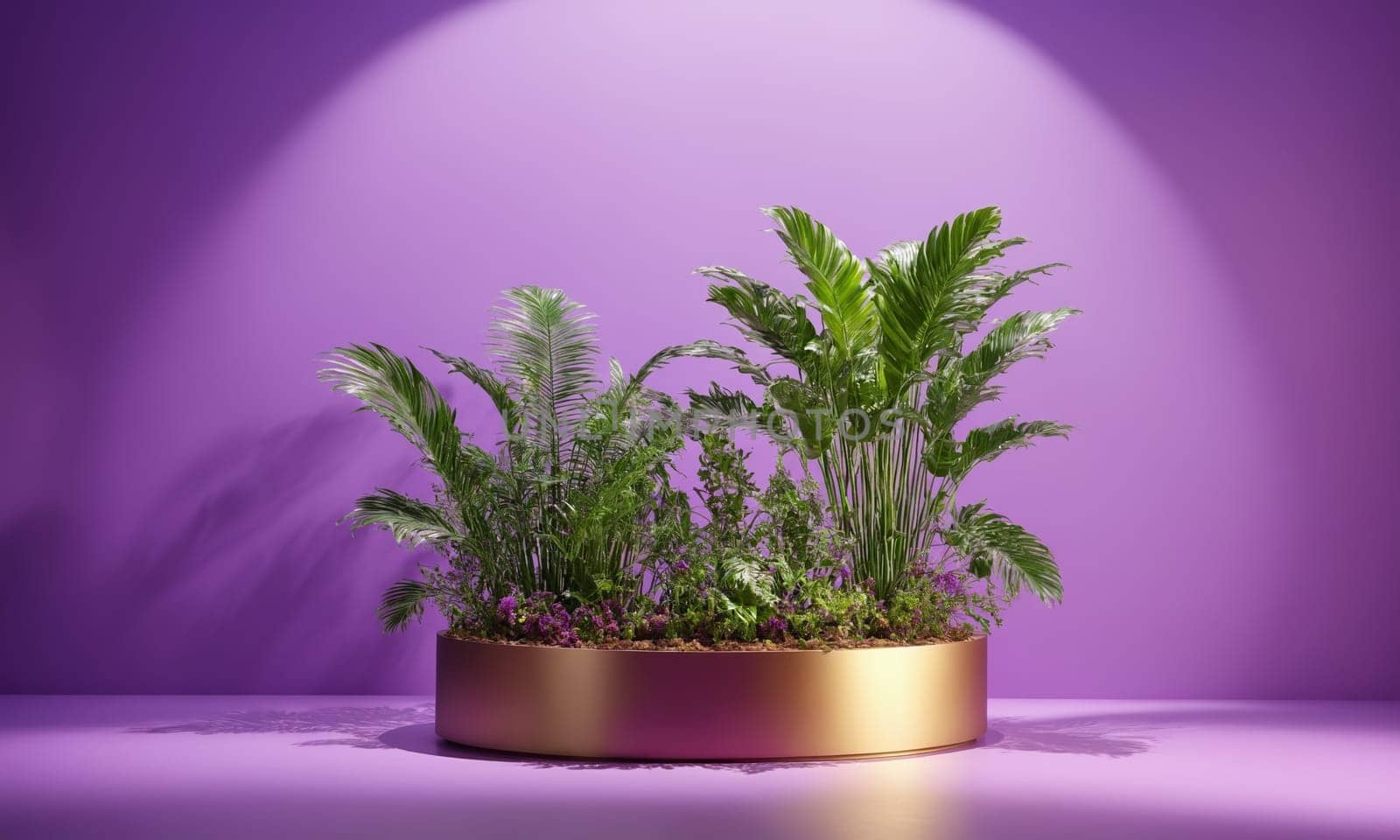 Unoccupied podium for product display with plants and shadows on purple background.