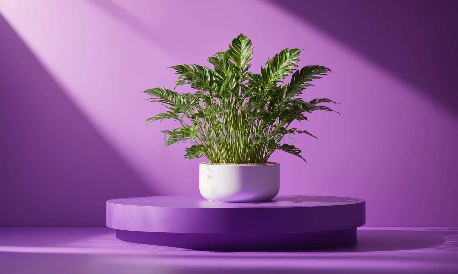 Unoccupied podium for product display with plants and shadows on purple background.