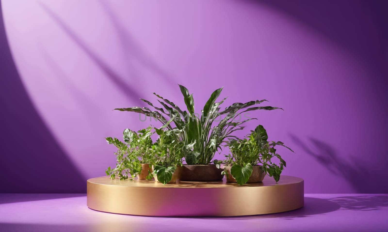 3D rendering of a podium with potted plants on a purple background.