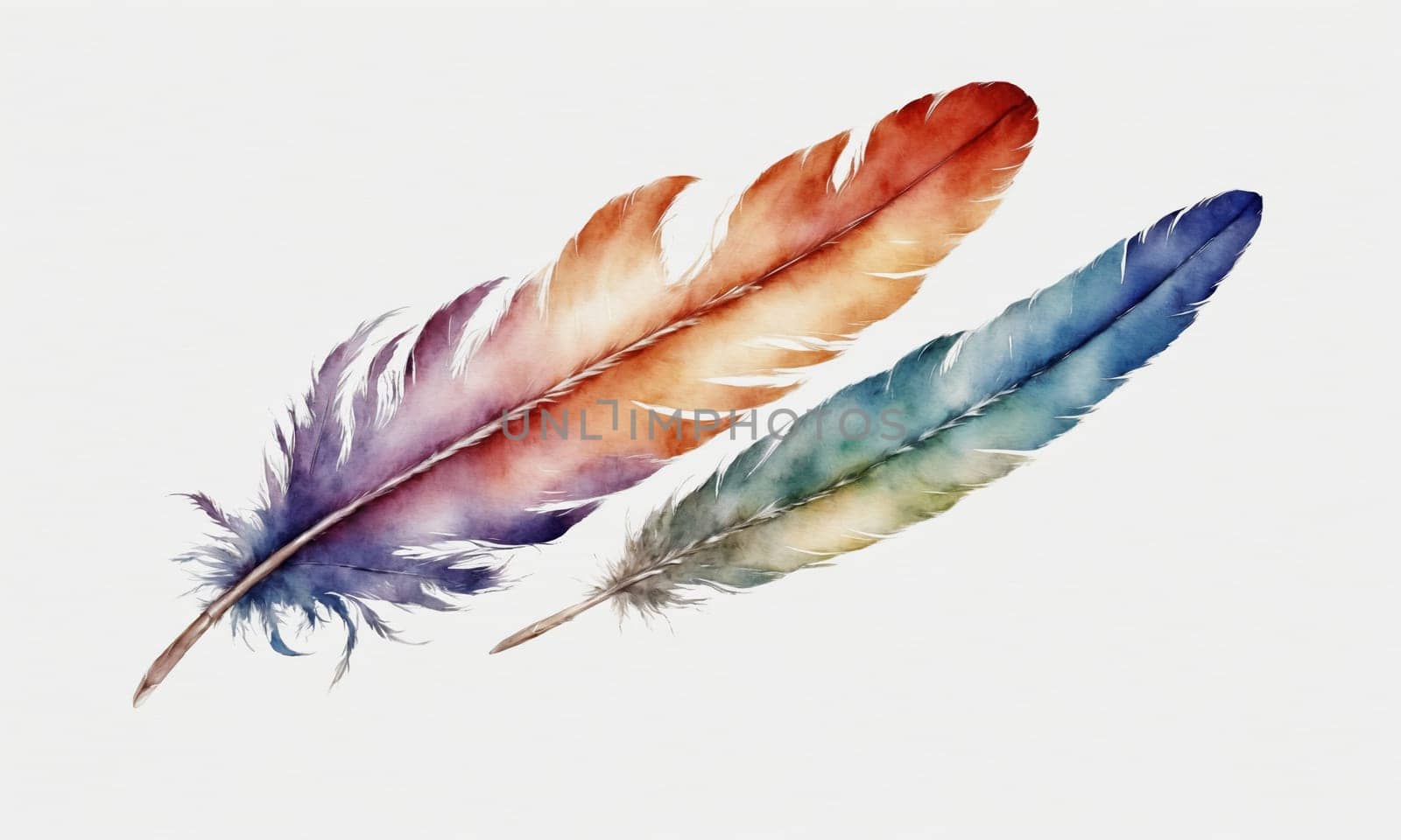 Watercolor feathers isolated on white background. Hand-drawn illustration