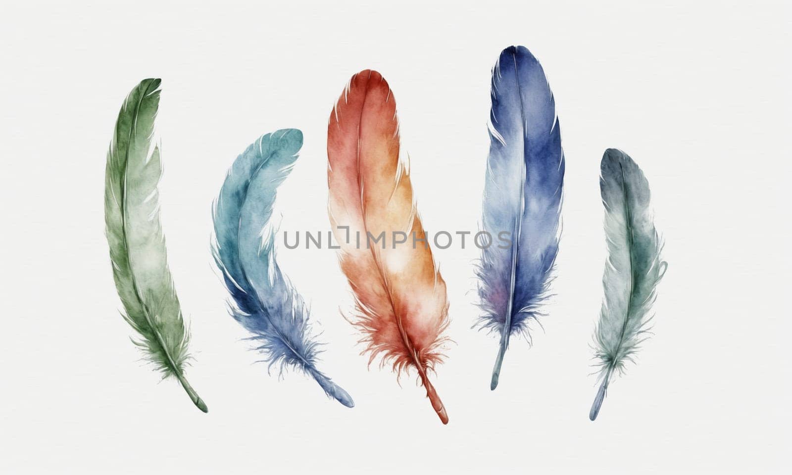Watercolor feathers set. Hand drawn illustration isolated on white background. by Andre1ns