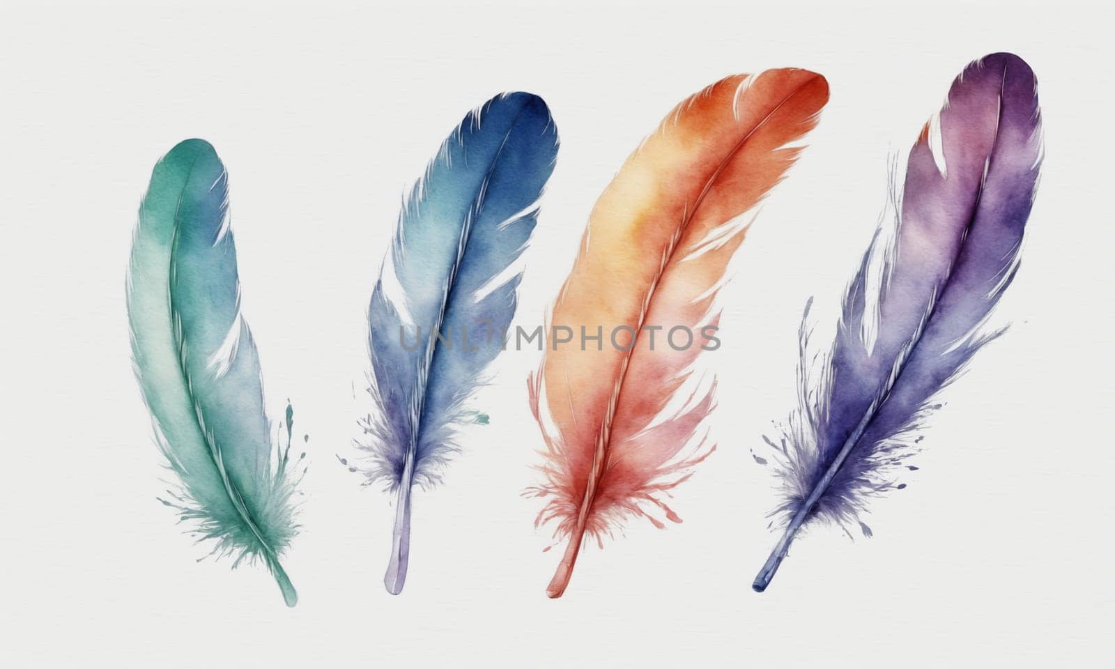 Watercolor feathers set. Hand drawn illustration isolated on white background