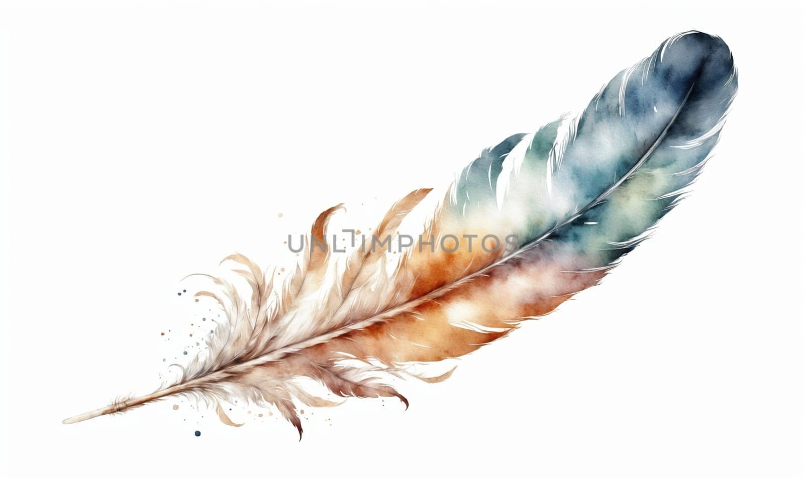 Watercolor feather isolated on white background. Hand-drawn illustration