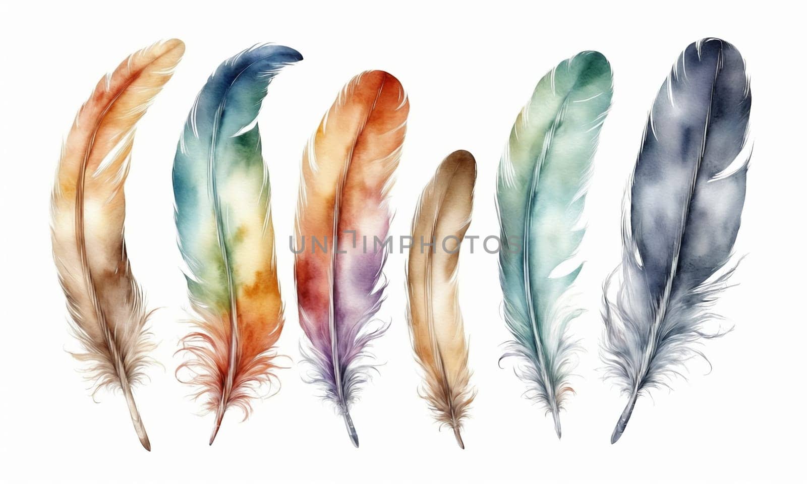 watercolor drawing. Multi-colored feathers on a white background.