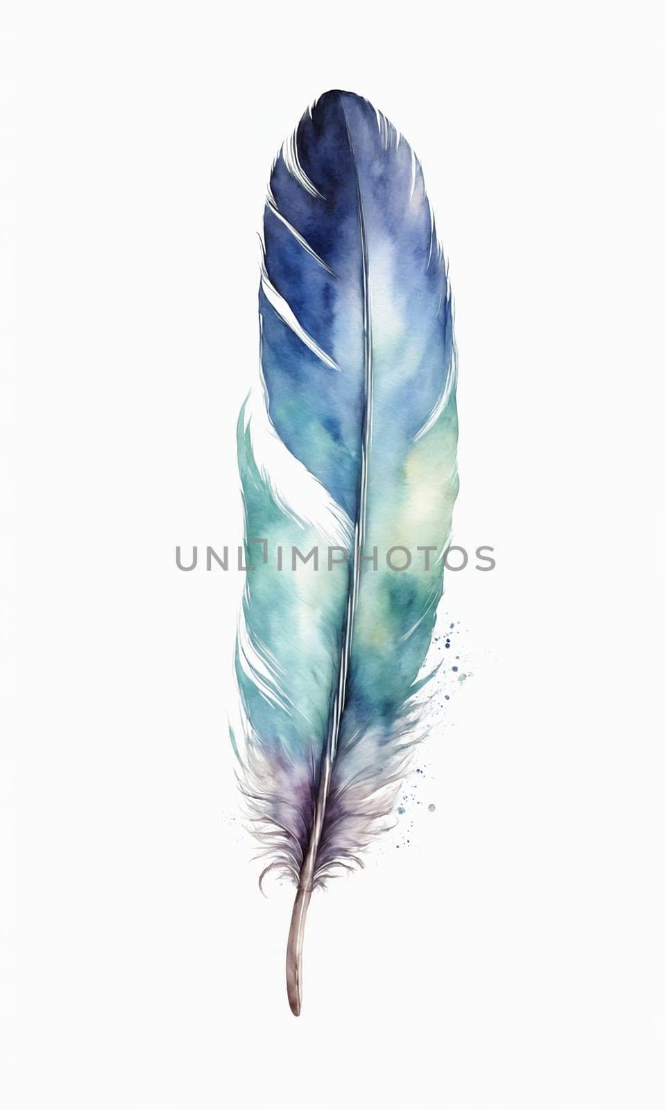 Watercolor feather isolated on white background. Hand-drawn illustration