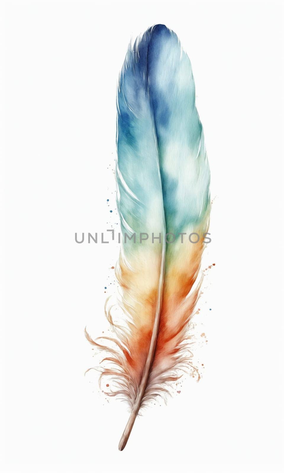 Watercolor feather isolated on white background. Hand-drawn illustration