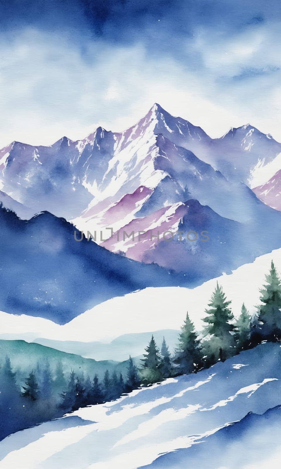 Watercolor winter landscape with mountains, pine trees and blue sky